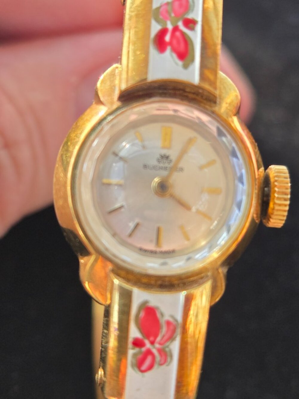 Vintage White and Floral Enamel Hinged Bucherer Watch